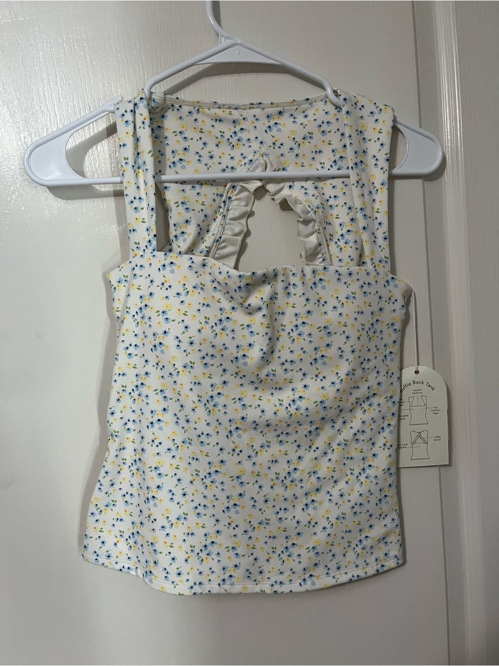 Target White Floral Square-Neck Tank Top with Blue & Yellow Print